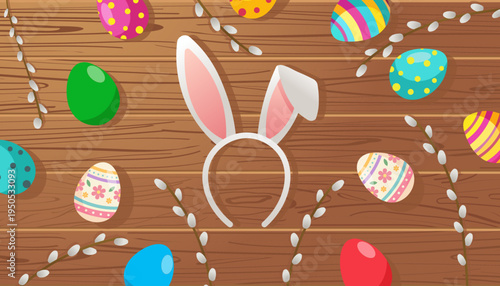 Festive Easter eggs and bunny ears arranged on a rustic wooden background for celebration