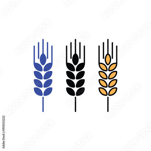 Three wheat stalks in varying colors blue black and yellow displayed closely
