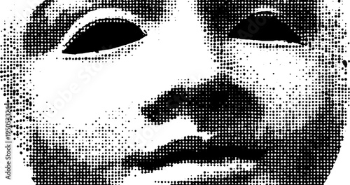 Black and white halftone theatre mask illustrating comedy and tragedy concept