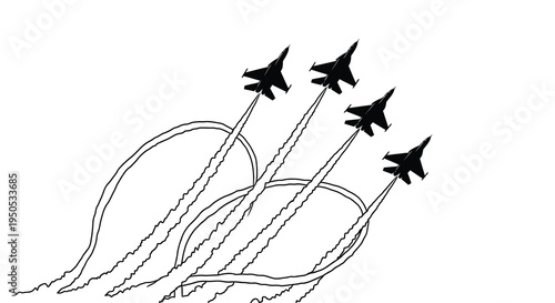 A striking black and white illustration depicts four fighter jets in formation leaving swirling contrails across the sky high quality professional