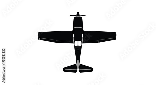 A stark black silhouette of a small single engine airplane is shown from directly above emphasizing its form high quality