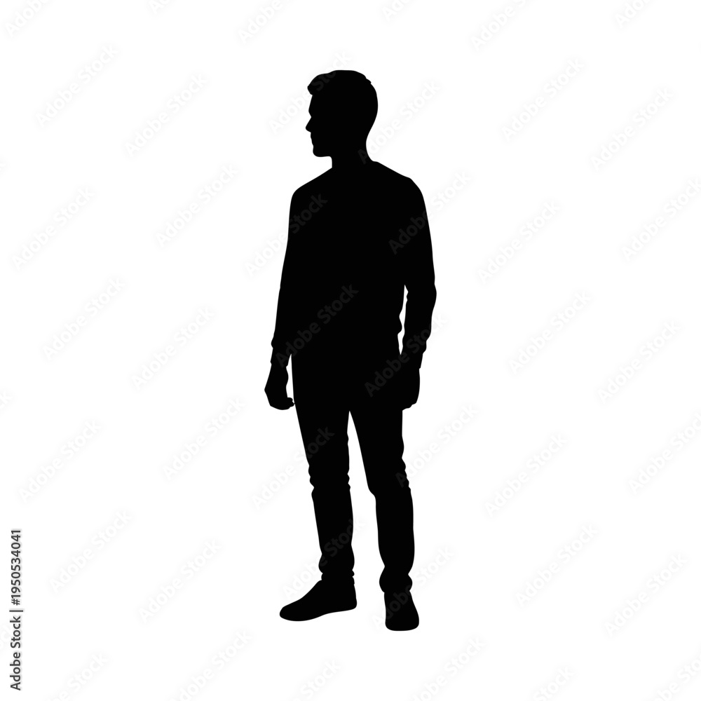 Fototapeta premium Silhouette of a man standing in profile on white background full body black shadow