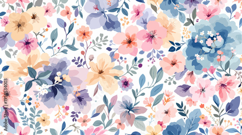Gentle spring garden pattern with blooming flowers and delicate foliage in a soothing pastel color palette