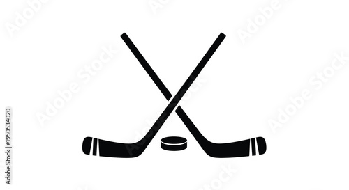 A minimalistic depiction showcases two black hockey sticks crossed in an x shape above a circular puck high quality