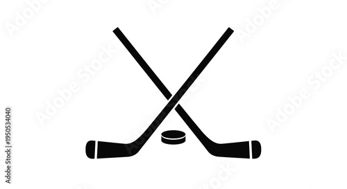 A minimalist graphic depicts two black hockey sticks crossed with a black puck resting in the center high quality