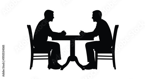 A stark silhouette depicts two men seated across from each other at a table suggesting discussion or negotiation