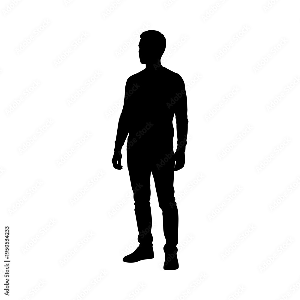 Fototapeta premium Silhouette of a man standing alone in black against a white background isolated figure in casual clothing