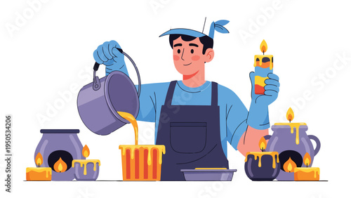 Artisan Candle Maker at Work: The artisan gracefully pours liquid wax into a mold, crafting beautiful candles, demonstrating the art and patience behind artisanal candle making.