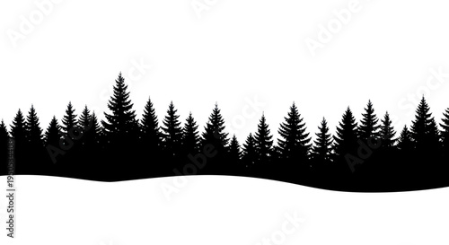 Black Silhouette of Evergreen Forest Landscape on White Background