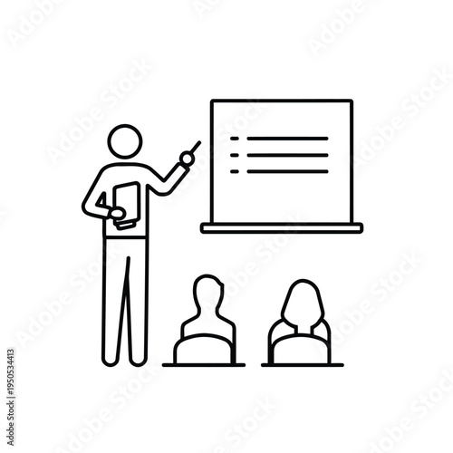 Presentation icon with speaker and audience, business training minimalist monoline vector