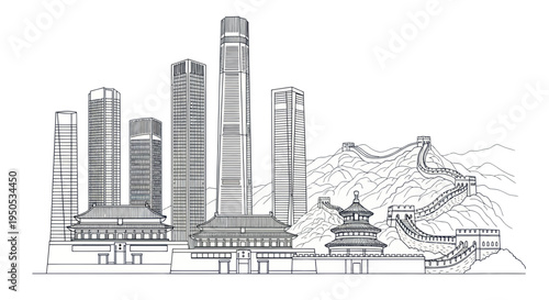 Chinese Skyline: Modern Skyscrapers and Ancient Great Wall Landmark
