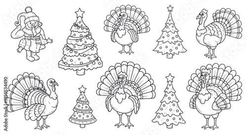 Christmas Turkeys and Trees Coloring Pages, Festive Line Art Elements