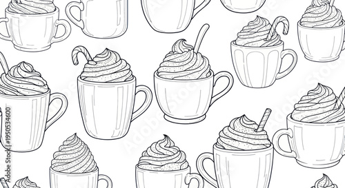 Cozy Winter Drink Pattern: Hand-Drawn Coffee Mugs with Whipped Cream and Candy Canes