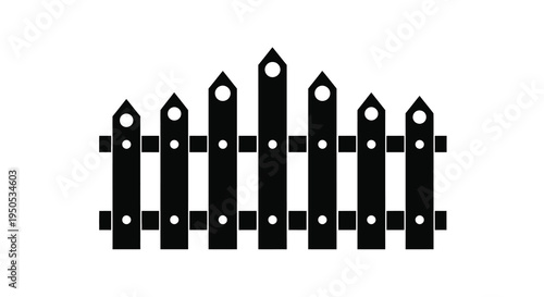 A simple black and white illustration depicts a wooden picket fence with evenly spaced vertical posts high quality professional detailed modern