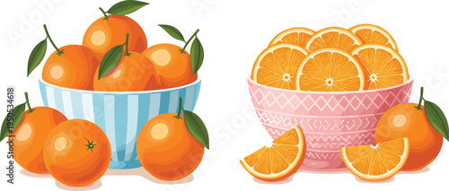 Oranges in bowls collection. Fresh whole oranges and sliced citrus in decorative bowls with leaves. Juicy vitamin fruit illustration for healthy food, juice and kitchen design.