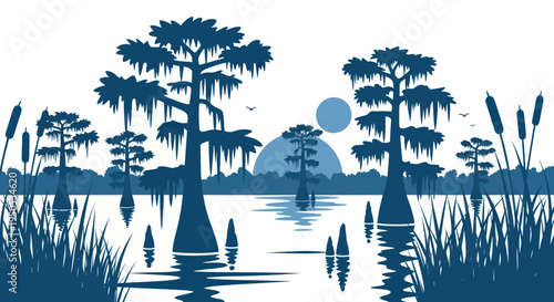 Cypress Trees Silhouette in Swamp Landscape at Sunset with Reflections