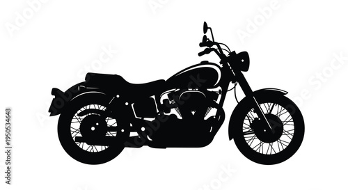 A striking black silhouette depicts a classic motorcycle with detailed curves showcasing its powerful engine and vintage style