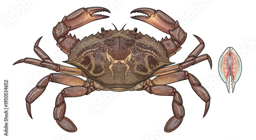 Detailed illustration of a crab with open claws and a small illustration of its gills on a white background.