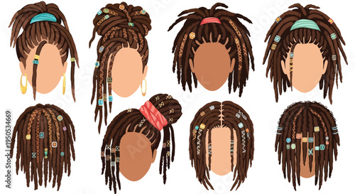 Diverse Hairstyles with Dreadlocks, Beads, and Accessories