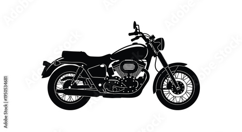 A striking black silhouette depicts a classic motorcycle showcasing its curved lines and detailed mechanical components high quality professional