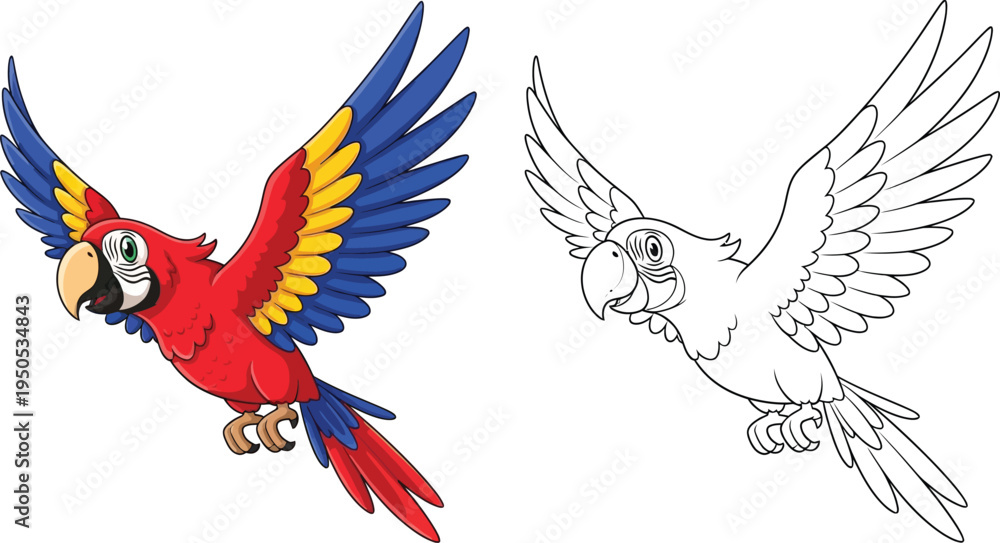 Fototapeta premium Brightly colored macaw parrot in flight line art and colored version