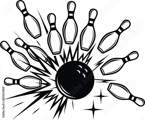 Bowling ball striking pins dynamic impact motion lines sport action bowling alley