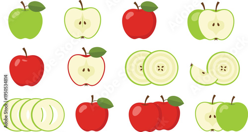 Apple fruit collection set. Red and green apples with slices, halves and seeds. Fresh fruit illustration for healthy food, grocery products and nutrition design.