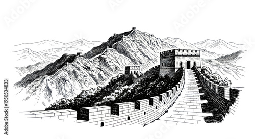 Great Wall of China illustration, ancient stone fortification in mountainous landscape