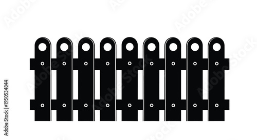 A simple black and white illustration depicts a section of a picket fence with evenly spaced vertical slats