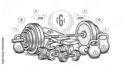 Gym Equipment: Dumbbells, Kettlebells, Barbell & Bench - Fitness Illustration
