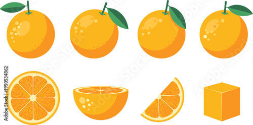 Orange fruit elements set. Whole oranges, slice, wedge and citrus cube shape. Fresh vitamin fruit illustration collection for juice packaging, healthy food and grocery design.