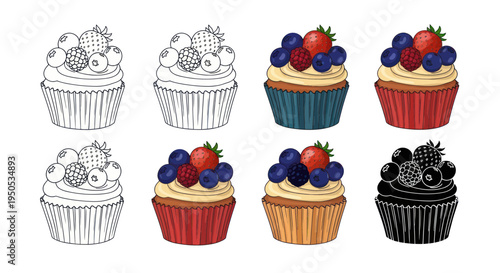 Hand-drawn cupcakes with berries: sketches, colored, and silhouette