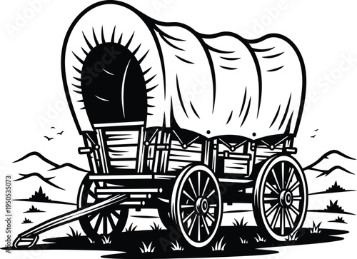 Covered Wagon Traveling Through Open Landscape Sepia Tones Historical Scene Engraving Art Design