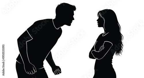 A stark silhouette depicts a man and woman facing each other in a tense potentially confrontational exchange high quality