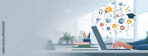 Modern Workspace with Floating Educational Icons Surrounding a Laptop in a Bright Office Environment