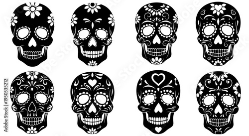 Set of Eight Black and White Decorative Sugar Skulls with Intricate Patterns
