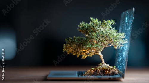 Tree Growing from Laptop Screen symbolizing Sustainable Development and Environmental Innovation
