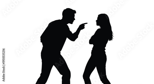 A silhouetted image depicts a tense confrontation between a man and a woman suggesting an argument or disagreement