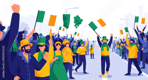 St. Patrick's Day Parade Celebration - Irish Flag Waving Crowd