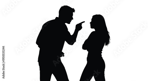 A silhouetted couple engages in a heated argument with the man pointing accusingly at the woman high quality professional