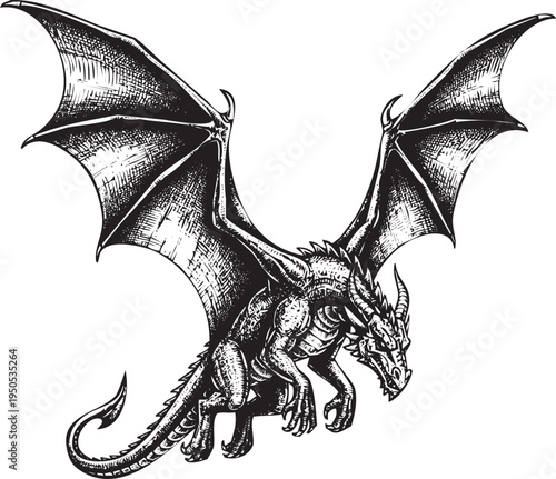 Dragon with open wings in detailed engraving art design