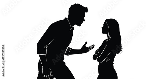 A stark silhouette depicts a tense confrontation between a man and a woman suggesting conflict or disagreement high quality