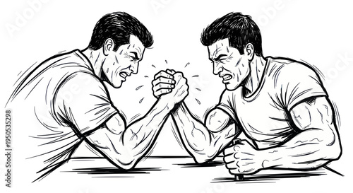 Two Men Arm Wrestling, Intense Competition, Strength Battle, Black and White Illustration