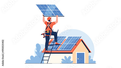 Renewable Energy Installation: An engineer installs solar panels on a rooftop, symbolizing the future of clean energy.