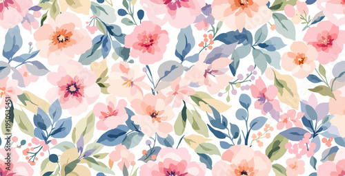 Delicate pastel floral pattern with soft watercolor blooms and elegant leaves creating a calming romantic spring atmosphere