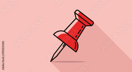 Red push pin in flat design style on a pink background.