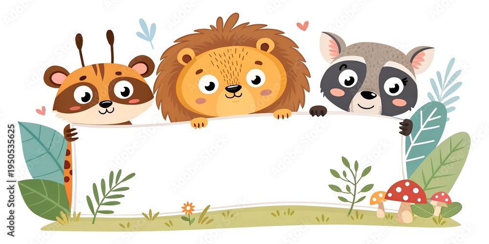 Naklejka premium Three adorable animal friends joyfully holding a blank sign while surrounded by vibrant plants and charming elements in a playful illustration setting Generative AI