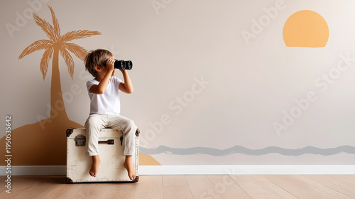 Child sitting on a suitcase, holding binoculars, looking at an imaginative tropical wall mural, dreaming of future travels and exploration