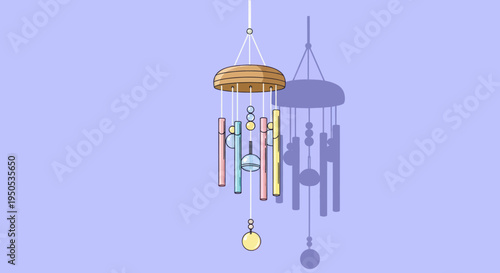 Colorful pastel wind chime illustration hanging with a gentle shadow on a serene background.