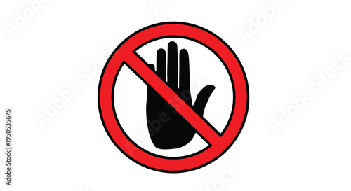 A stark graphic representation features a black hand inside a red circle with a diagonal line signifying prohibition or restriction